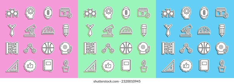 Set line Plant in pot, Ringing alarm bell, Pencil with eraser, American Football ball, Microscope, Tie, Chemical formula and Protractor icon. Vector
