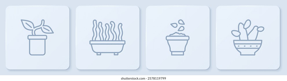 Set line Plant in pot, Seeds bowl,  and Cactus peyote. White square button. Vector