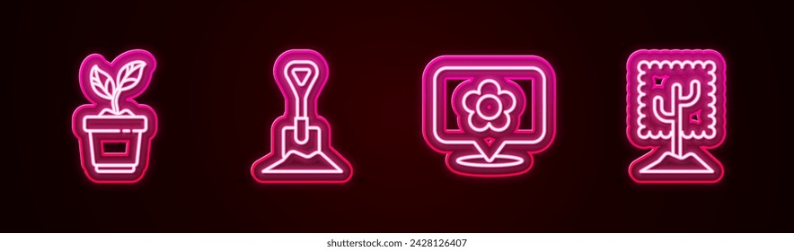 Set line Plant in pot, Shovel the ground, Location with flower and Tree. Glowing neon icon. Vector