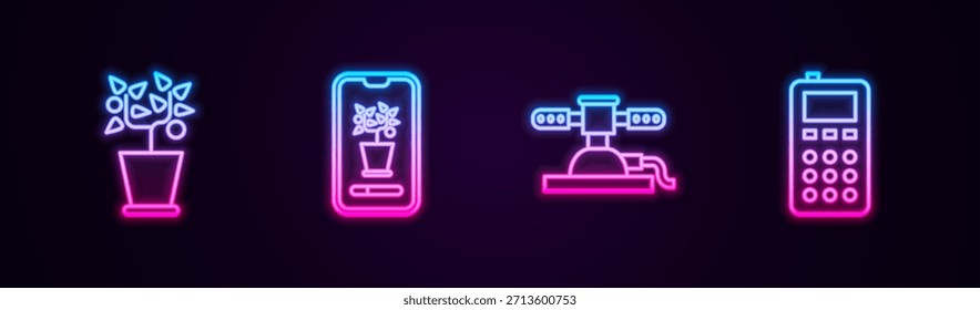 Planta en maceta, sistema de agricultura de control inteligente, aspersores de riego automáticos y control remoto. Icono de neón brillante. Vector