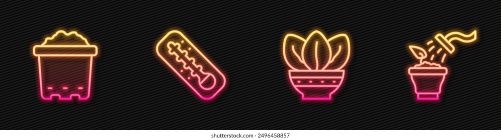 Set line Plant in pot, Pot with soil, Meteorology thermometer and Spraying plant. Glowing neon icon. Vector