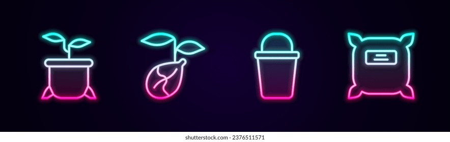 Set line Plant in pot, Sprout, Bucket and Pack full of seeds. Glowing neon icon. Vector