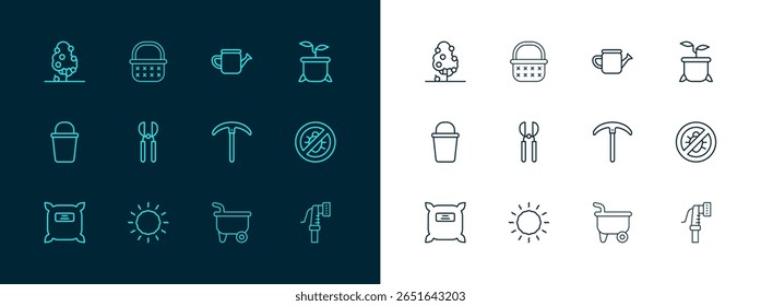 Set line Plant in pot, Sun, Pickaxe, Wheelbarrow, Gardening scissors, Watering can, Fruit tree and Wicker basket icon. Vector