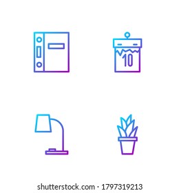 Fijar línea Planta en pozo, lámpara de tabla, carpetas de Office y Calendario. Iconos de color de degradado. Vector