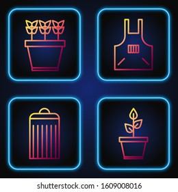 Set line Plant in pot, Trash can, Plants in pot and Kitchen apron. Gradient color icons. Vector