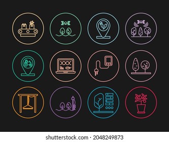 Set line Plant in pot, Trees, Chicken farm and location, Genetic engineering modification, Tractor, Conveyor belt with box, Sensor and Smart drone icon. Vector