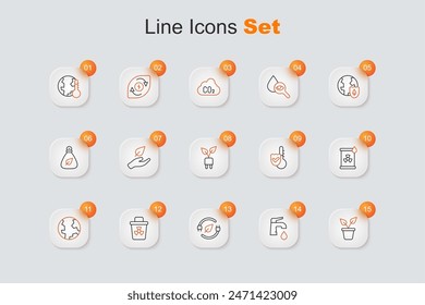 Set line Plant in pot, Water tap, Electric saving plug leaf, Infectious waste, Earth globe, Radioactive barrel, Thermometer and  icon. Vector