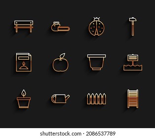 Set line Plant in pot, Watering can, Bench, Garden fence wooden, Wooden staircase, Apple, Blank sign board and Flower icon. Vector