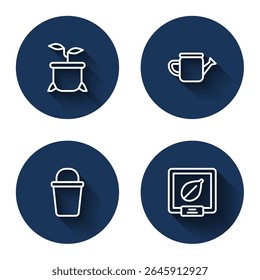 Set line Plant in pot, Watering can, Bucket and Seeds of specific plant with long shadow. Blue circle button. Vector