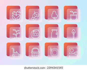 Set line Plant in pot, Wicker basket, Glass jar with screw-cap, Garden hose, Eco healthy food, Fruit tree, Apple and Fresh berries icon. Vector