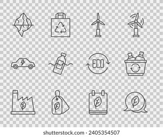 Set line Plant recycling garbage, Leaf Eco symbol, Wind turbine, Tag with leaf, Iceberg, The problem of pollution, Calendar autumn leaves and Recycle icon. Vector
