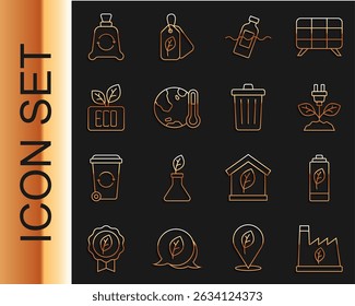 Set line Plant recycling garbage, Eco nature leaf battery, Electric saving plug, The problem of pollution, Earth melting to global warming, Leaf symbol, Garbage with recycle and Trash can icon. Vector