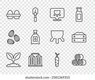 Set line Plant, Roll of hay, Udder, Granary, Chicken egg in box, Pack full seeds plant, Carrot and Bag flour icon. Vector