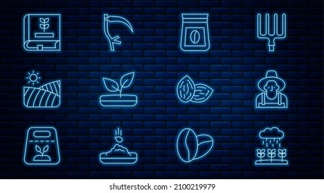 Set line Plant sprouts grow in the rain, Farmer hat, Bag of coffee beans, Sprout, Agriculture wheat field, Book about seeds, Seed and Scythe icon. Vector