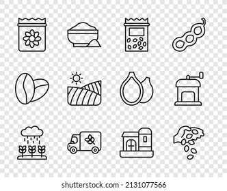 Set Line Plant Sprouts Grow In The Rain, Seed, Pack Full Of Seeds Of Plant, Flour Truck, Agriculture Wheat Field, Farm House And Manual Coffee Grinder Icon. Vector