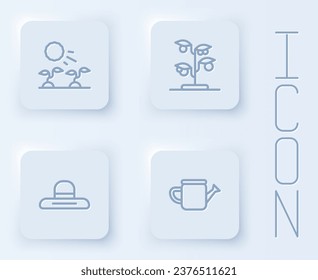 Set line Plant sprouts grow in the sun, Sprout, Farmer worker hat and Watering can. White square button. Vector