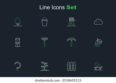 Set line Plant sprouts grow in the sun, Garden fence wooden, Sprout, Sickle, Fresh berries, Pickaxe, rake and Water tower icon. Vector