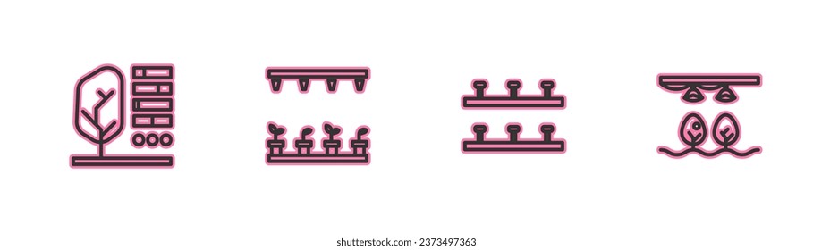Set-Line-Pflanzenstatus, automatische Bewässerungssprenger und Smart-Farm mit Glühbirne und Pflanzensymbol. Vektorgrafik