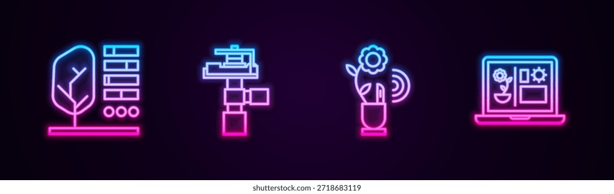 Set-line Pflanzenstatus, Automatische Bewässerung Sprinkler, Intelligente Landwirtschaft und . Leuchtendes Neonsymbol. Vektorgrafik
