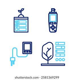 Set line Plant status, Sensor, Portable sensor and Smart farming technology icon. Vector