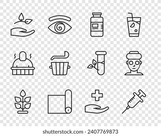 Set line Plant, Syringe, Collagen serum, Fitness mat roll, Leaf hand, Sauna bucket ladle, Cross hospital medical and Facial cosmetic mask icon. Vector