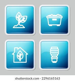 Set line Plant, Trash can, Eco friendly house and LED light bulb icon. Vector