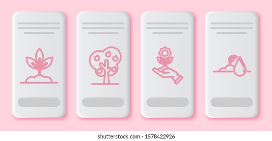 Set line Plant, Tree with apple, Hand holding flower and Watering sprout. White rectangle button. Vector