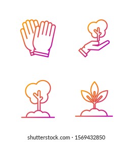 Set line Plant, Tree in the ground, Garden gloves and Tree in hand of environmental protection. Gradient color icons. Vector