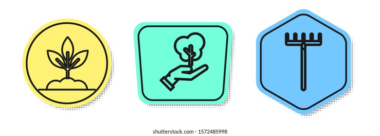 Set line Plant, Tree in hand of environmental protection and Garden rake. Colored shapes. Vector