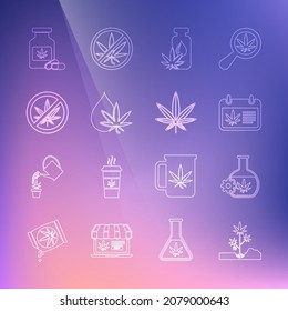 Línea Plantar marihuana, Tubo de prueba con, Calendario y, Aceite de hoja de marihuana o cannabis, Parada, Botella médica e ícono. Vector