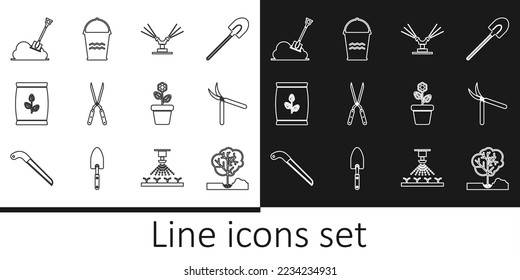 Set line Planting tree in the ground, Gardening handmade scissor, Automatic irrigation sprinklers, Fertilizer bag, Shovel, Flower pot and Bucket icon. Vector