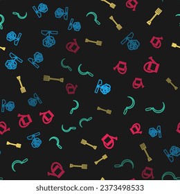 Set line Planting tree in the ground, Sickle, Garden pitchfork and Watering can on seamless pattern. Vector