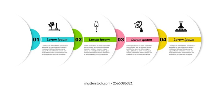 Set line Planting tree in the ground, Garden trowel spade or shovel, Watering can and Automatic irrigation sprinklers. Business infographic template. Vector