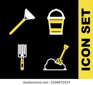 Set line Planting tree in the ground, Shovel, Garden fork and rake leaves icon. Vector