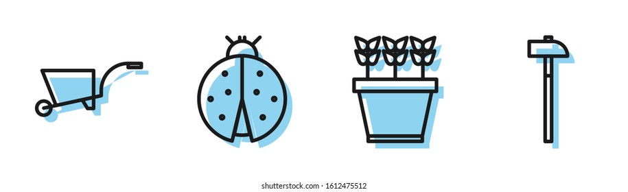 Set line Plants in pot, Wheelbarrow, Ladybug and Hammer icon. Vector