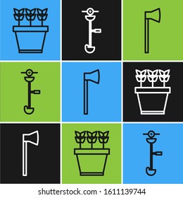 Set Line Plants In Pot, Wooden Axe And Grass And Weed Electric String Trimmer Icon. Vector