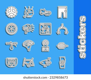 Die Linie Plaster auf Bein, Fahrradpedal, Bremskalipper, Schuhe, Scheinwerfer, Rad, Kranzkranz und Miete mobile App Icon. Vektorgrafik
