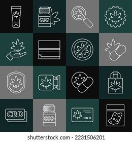 Set line Plastic bag of cannabis, Shopping paper marijuana, Medical pills with, Magnifying glass and, Rolling, Marijuana or leaf, cream and Stop icon. Vector
