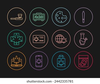 Set line Plastic bag of cannabis, Glass bong for smoking marijuana, Cookies with, Calendar and leaf, Medical, Smoking pipe, Legalize globe and Digital alarm clock icon. Vector