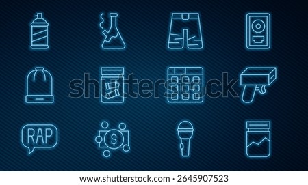 Set line Plastic bag of drug, Money gun, Wide pants, Evidence with bullet, Winter hat, Paint spray can, Drum machine music and Glass bong for smoking marijuana icon. Vector