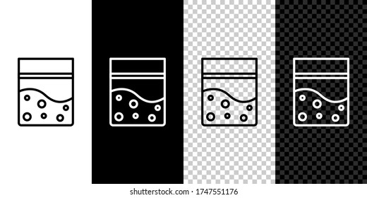 Fijar la línea Bolsa de plástico del ícono medicinal de cannabis aislado sobre fondo blanco y negro. Riesgo para la salud. Ilustración vectorial