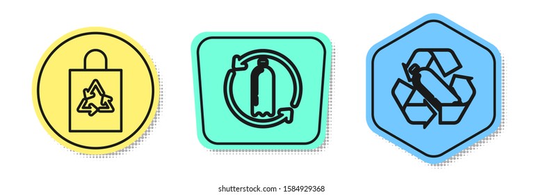 Set line Plastic bag with recycle, Recycling plastic bottle and Recycling plastic bottle. Colored shapes. Vector