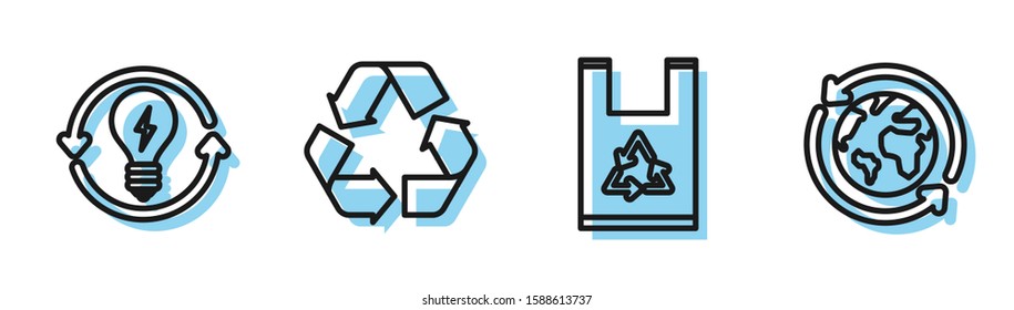 Set line Plastic bag with recycle, Recycle and light bulb with lightning symbol, Recycle symbol and Planet earth and a recycling icon. Vector
