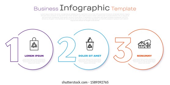Set line Plastic bag with recycle, Recycle bin with recycle symbol and Eco friendly house. Business infographic template. Vector