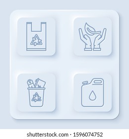 Set line Plastic bag with recycle, Sprout in hand of environmental protection, Recycle bin with recycle symbol and Canister for gasoline. White square button. Vector