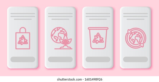 Set line Plastic bag with recycle, Earth globe and plant, Recycle bin with recycle symbol and Planet earth and a recycling. White rectangle button. Vector
