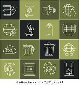 Set line Plastic bag with recycle, Hands holding Earth globe, Solar energy panel, Battery, plant, leaf, Eco fuel barrel and  icon. Vector