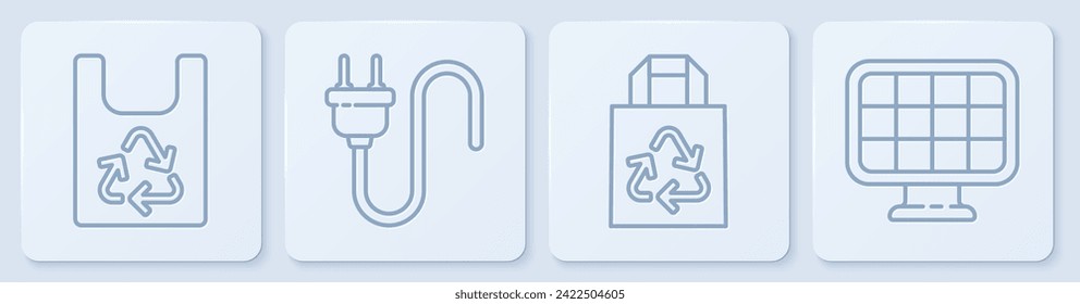 Línea Bolsa de plástico con reciclador, Bolsa de papel con reciclador, enchufe eléctrico y panel de energía solar. Botón cuadrado blanco. Vector