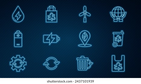 Set line Bolsa de plástico con reciclaje, Papelera de reciclaje, Turbina de viento, Batería, Energía de agua, Hoja de ubicación e icono de papel. Vector