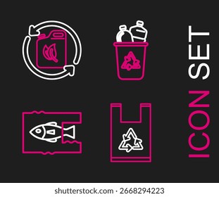 Set line Plastic bag with recycle, Stop ocean plastic pollution, Recycle bin symbol and Bio fuel canister icon. Vector